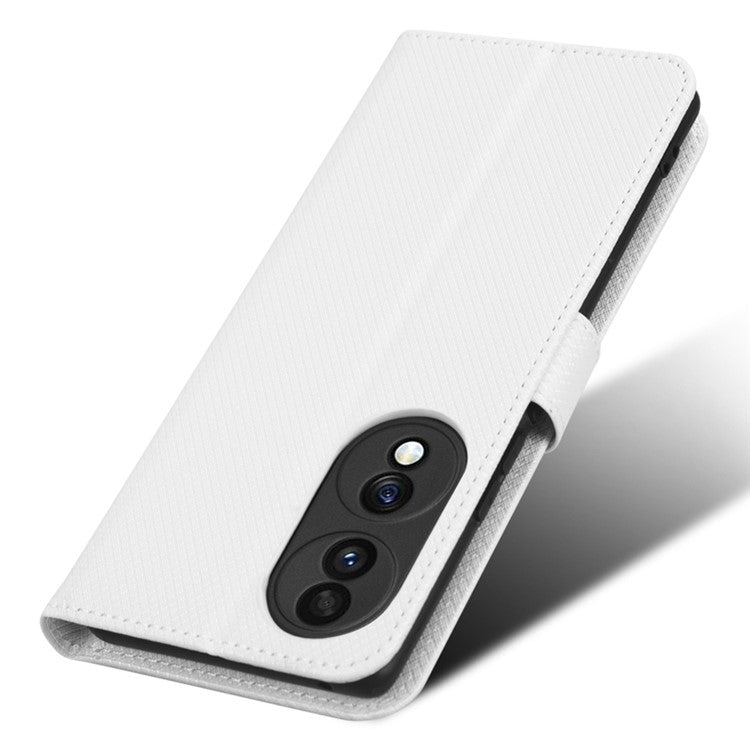 For Honor 70 5G Diamond Texture Phone Wallet Shockproof Shell PU Leather Stand Case with Wrist Strap - White