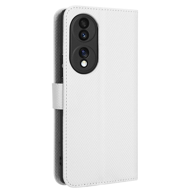For Honor 70 5G Diamond Texture Phone Wallet Shockproof Shell PU Leather Stand Case with Wrist Strap - White