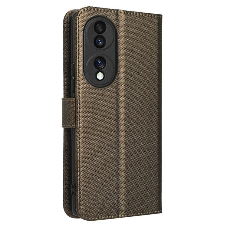 For Honor 70 5G Diamond Texture Phone Wallet Shockproof Shell PU Leather Stand Case with Wrist Strap - Brown