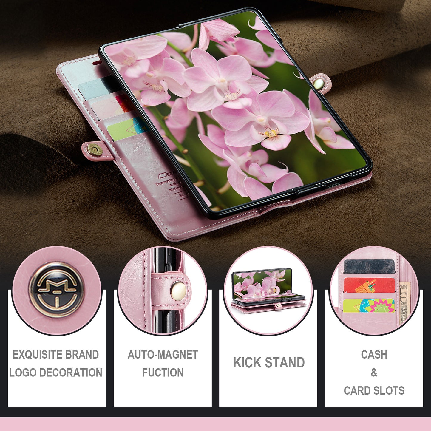 CASEME 003 Series For Samsung Galaxy Z Fold6 5G PU Leather Case Stand Retro Wallet Phone Cover - Pink