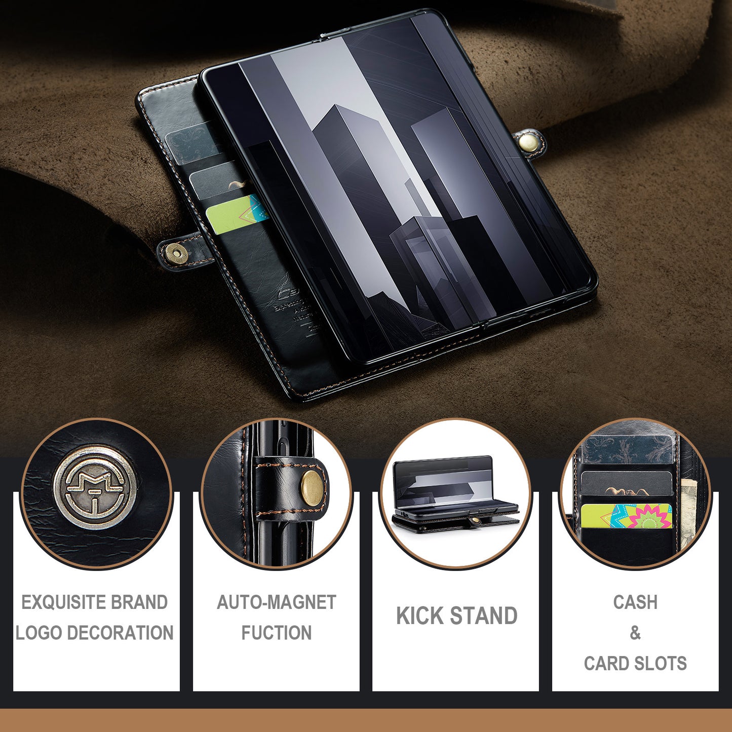 CASEME 003 Series For Samsung Galaxy Z Fold6 5G PU Leather Case Stand Retro Wallet Phone Cover - Black