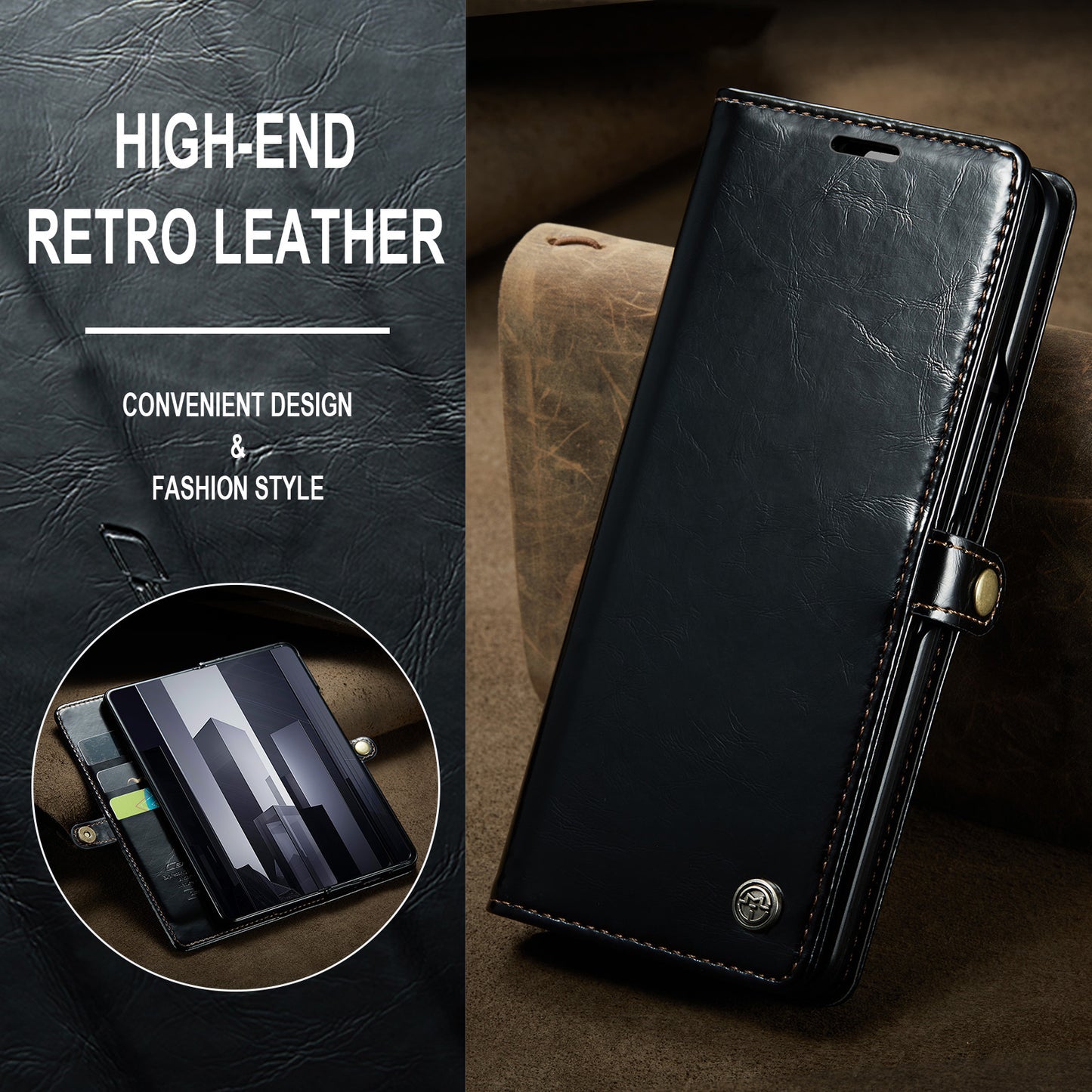 CASEME 003 Series For Samsung Galaxy Z Fold6 5G PU Leather Case Stand Retro Wallet Phone Cover - Black