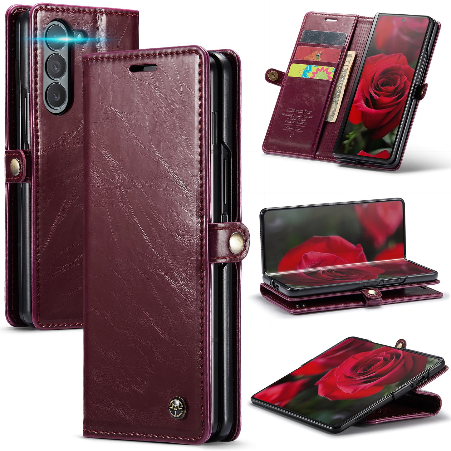 CASEME 003 Series For Samsung Galaxy Z Fold6 5G PU Leather Case Stand Retro Wallet Phone Cover - Wine Red
