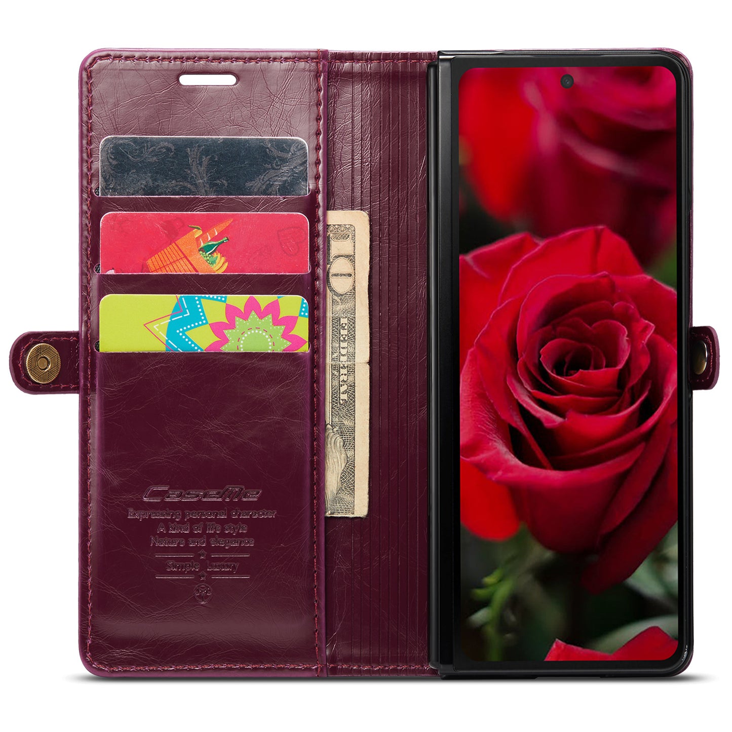 CASEME 003 Series For Samsung Galaxy Z Fold6 5G PU Leather Case Stand Retro Wallet Phone Cover - Wine Red