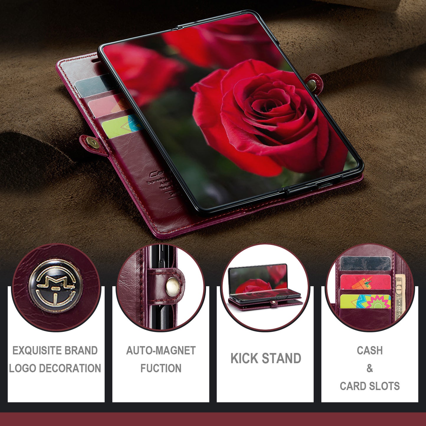 CASEME 003 Series For Samsung Galaxy Z Fold6 5G PU Leather Case Stand Retro Wallet Phone Cover - Wine Red