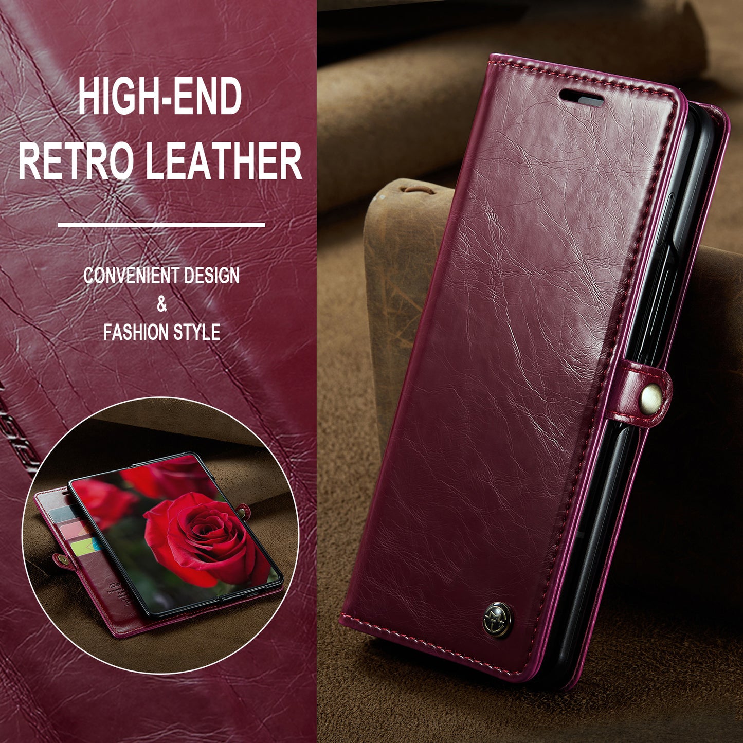 CASEME 003 Series For Samsung Galaxy Z Fold6 5G PU Leather Case Stand Retro Wallet Phone Cover - Wine Red