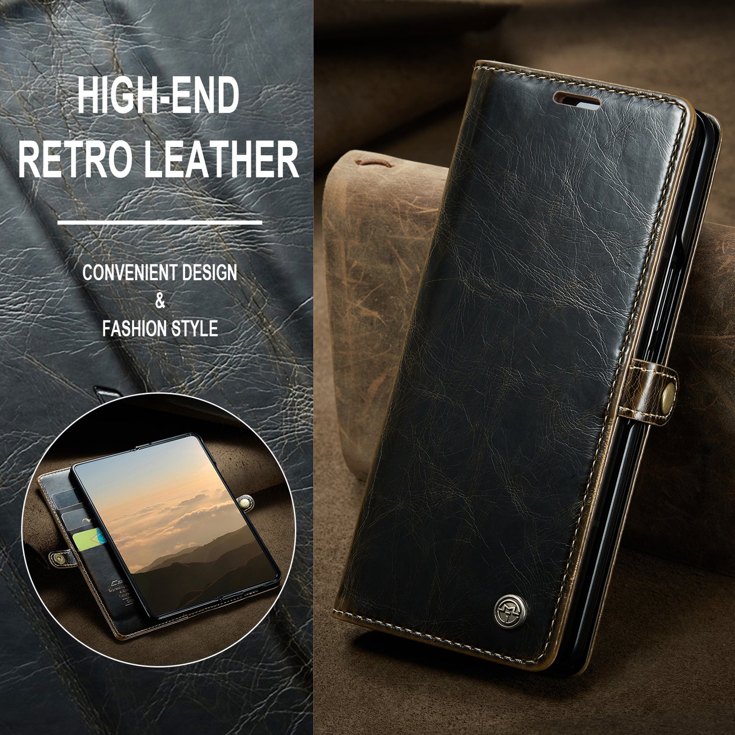 CASEME 003 Series For Samsung Galaxy Z Fold6 5G PU Leather Case Stand Retro Wallet Phone Cover - Coffee