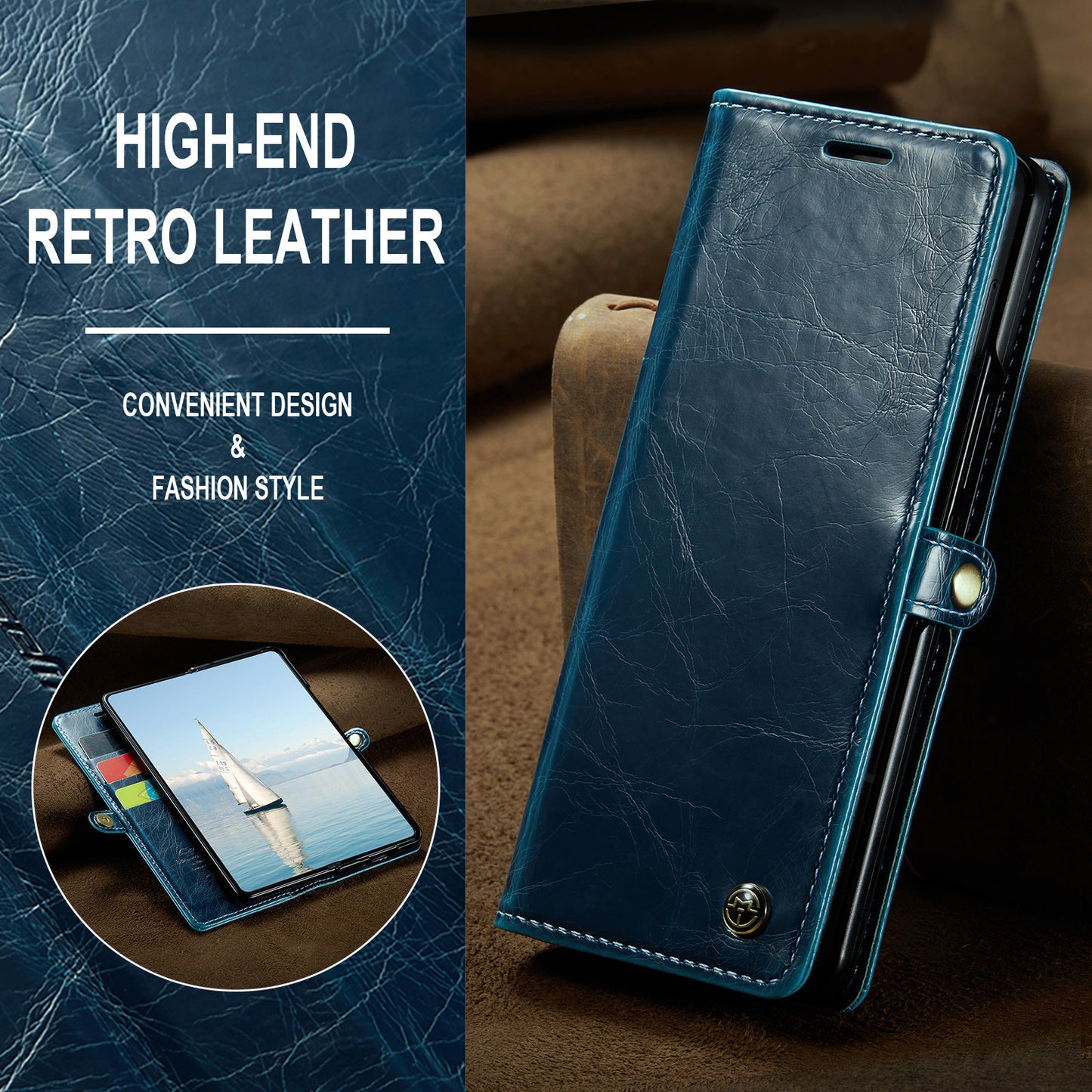 CASEME 003 Series For Samsung Galaxy Z Fold6 5G PU Leather Case Stand Retro Wallet Phone Cover - Blue