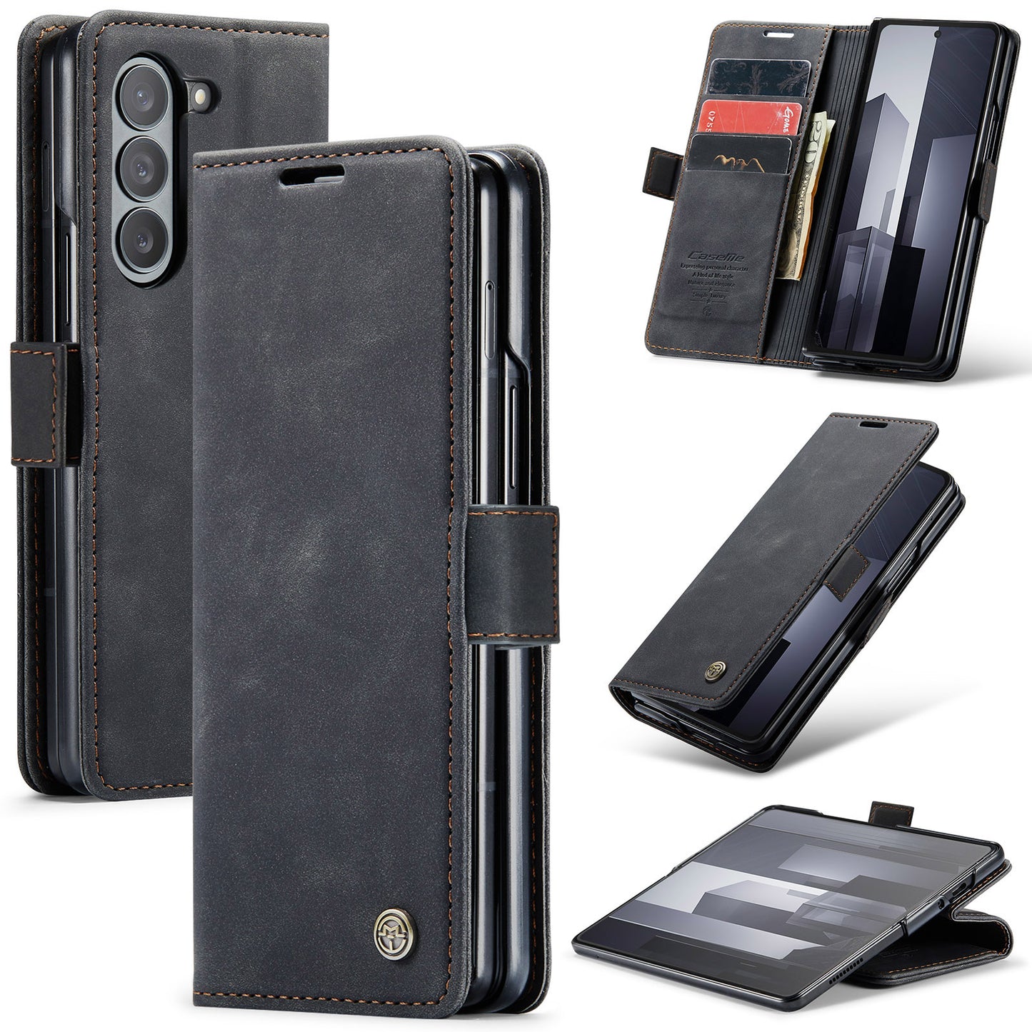 CASEME 013 Series For Samsung Galaxy Z Fold6 5G Phone Stand Case Shockproof PU Leather Cover Wallet - Black