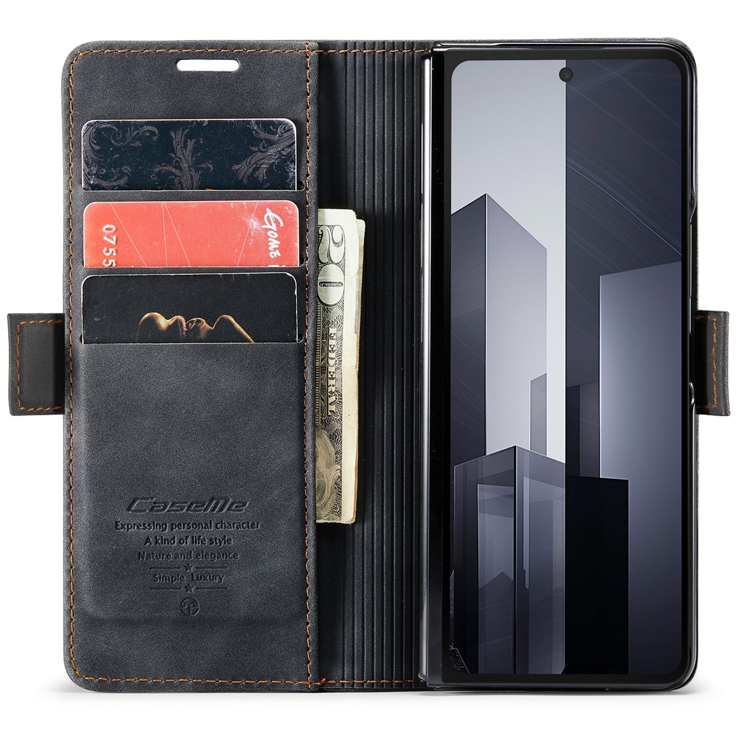 CASEME 013 Series For Samsung Galaxy Z Fold6 5G Phone Stand Case Shockproof PU Leather Cover Wallet - Black
