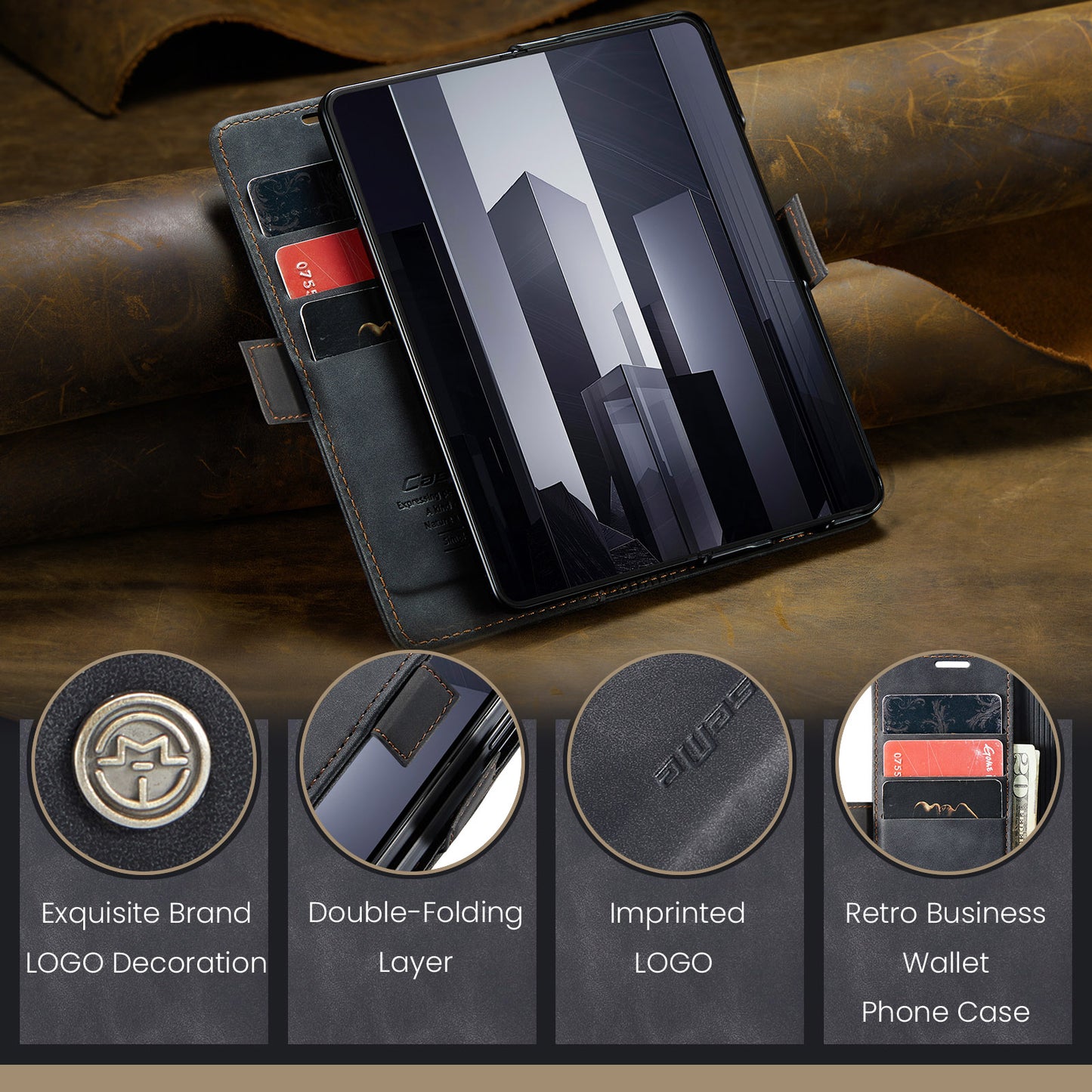 CASEME 013 Series For Samsung Galaxy Z Fold6 5G Phone Stand Case Shockproof PU Leather Cover Wallet - Black
