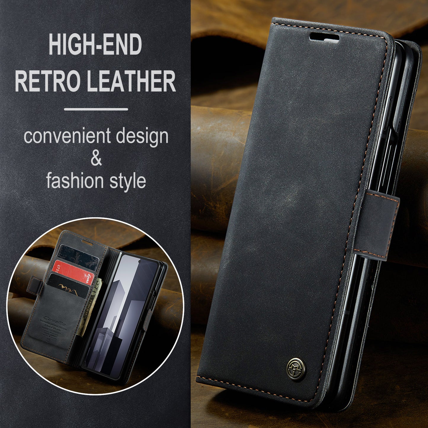 CASEME 013 Series For Samsung Galaxy Z Fold6 5G Phone Stand Case Shockproof PU Leather Cover Wallet - Black