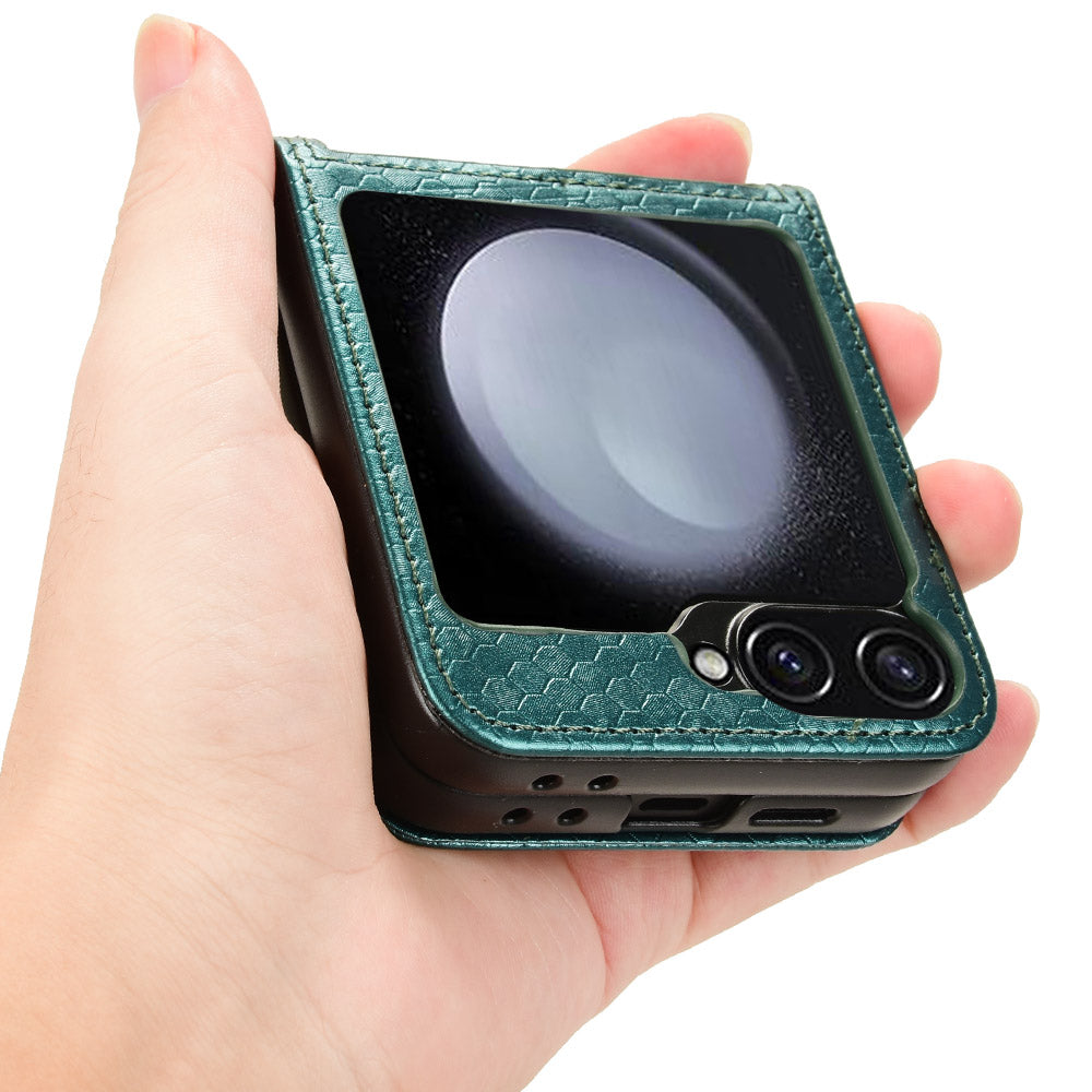 For Samsung Galaxy Z Flip6 5G Phone Case with Card Holder Imprinted Dot Pattern Leather Phone Cover - Green