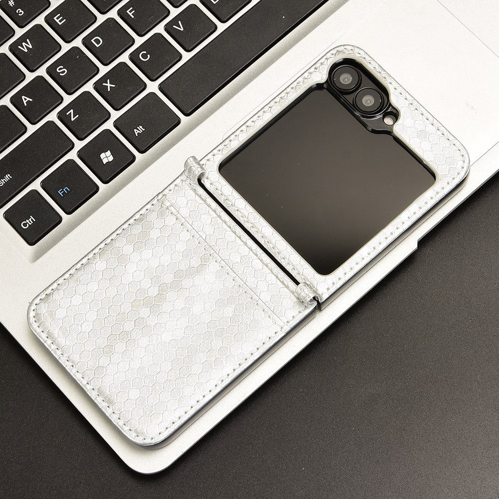 For Samsung Galaxy Z Flip7 FE 5G / Z Flip6 5G Phone Case with Card Holder Imprinted Dot Pattern Leather Phone Cover - Silver