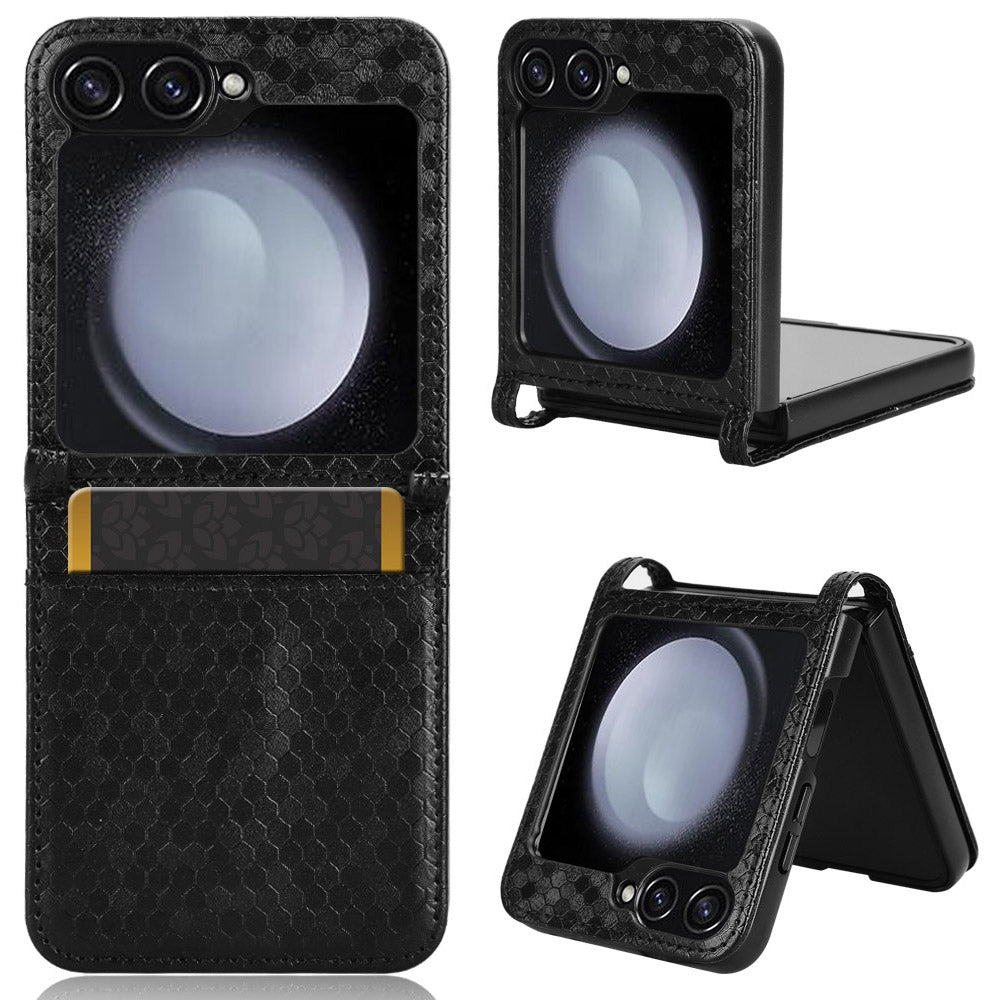 For Samsung Galaxy Z Flip6 5G Phone Case with Card Holder Imprinted Dot Pattern Leather Phone Cover - Black