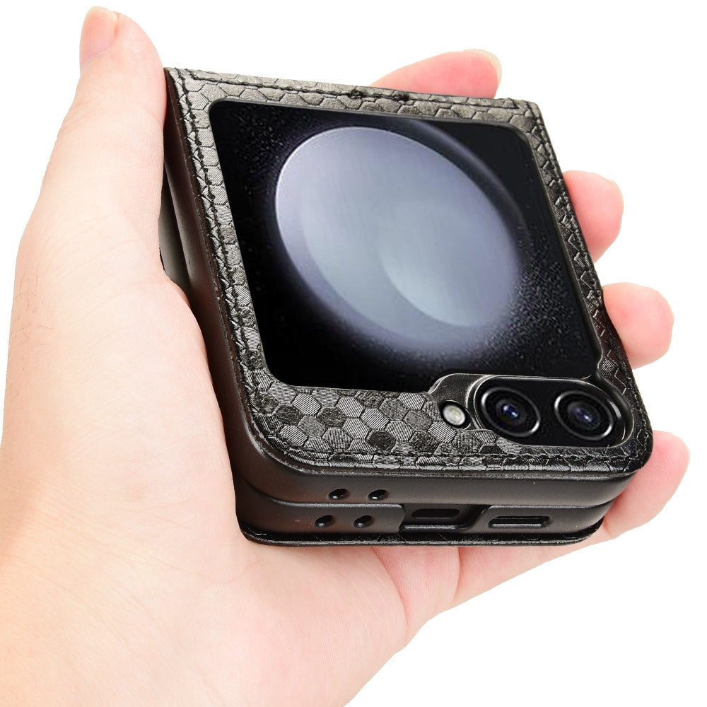 For Samsung Galaxy Z Flip6 5G Phone Case with Card Holder Imprinted Dot Pattern Leather Phone Cover - Black
