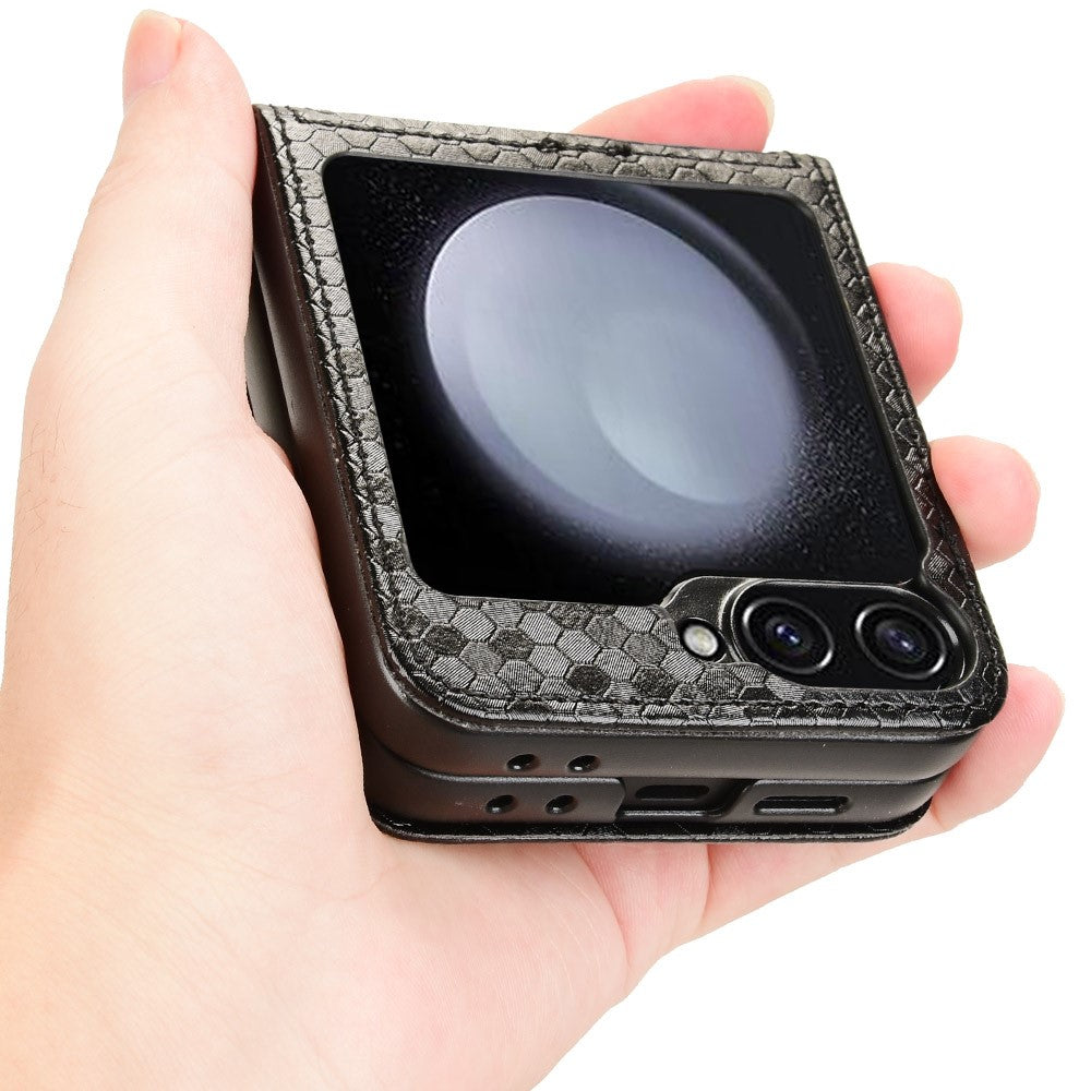 For Samsung Galaxy Z Flip7 FE 5G / Z Flip6 5G Phone Case with Card Holder Imprinted Dot Pattern Leather Phone Cover - Black