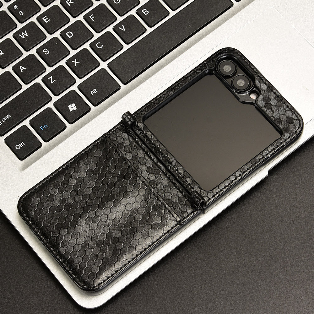 For Samsung Galaxy Z Flip6 5G Phone Case with Card Holder Imprinted Dot Pattern Leather Phone Cover - Black