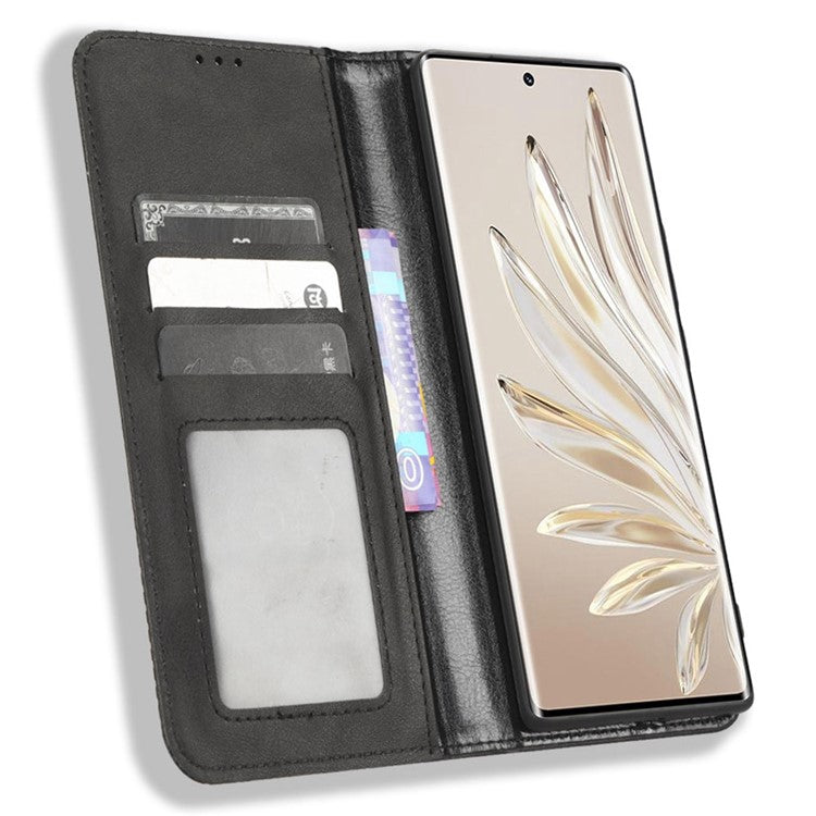 For Honor 70 5G Retro Texture Magnetic Absorption Case Imprinted Mosaic Wallet Stand Cell Phone Cover - Black