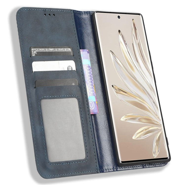 For Honor 70 5G Retro Texture Magnetic Absorption Case Imprinted Mosaic Wallet Stand Cell Phone Cover - Blue