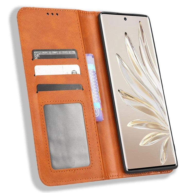 For Honor 70 5G Retro Texture Magnetic Absorption Case Imprinted Mosaic Wallet Stand Cell Phone Cover - Brown