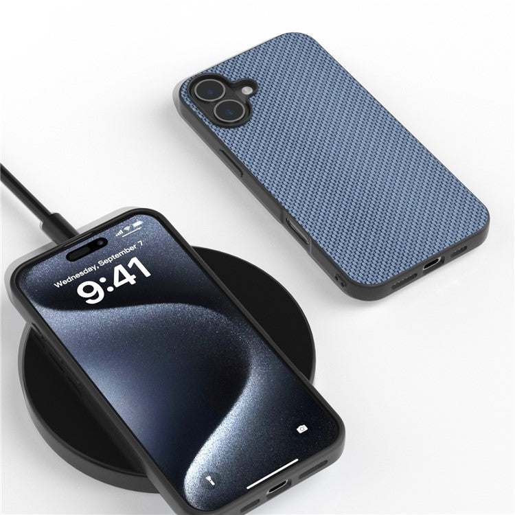 ABEEL For iPhone 16 Case Carbon Fiber Texture PU Covered Phone Shell - Baby Blue