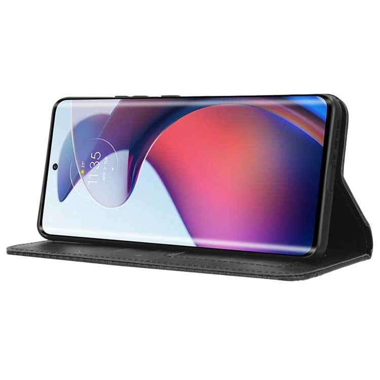 For Motorola Moto S30 Pro 5G / Edge 30 Fusion 5G Auto Closing Magnetic Shockproof Case Retro PU Leather Phone Wallet Stand Protective Cover - Black