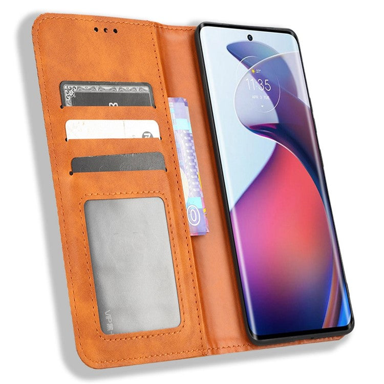 For Motorola Moto S30 Pro 5G / Edge 30 Fusion 5G Auto Closing Magnetic Shockproof Case Retro PU Leather Phone Wallet Stand Protective Cover - Brown