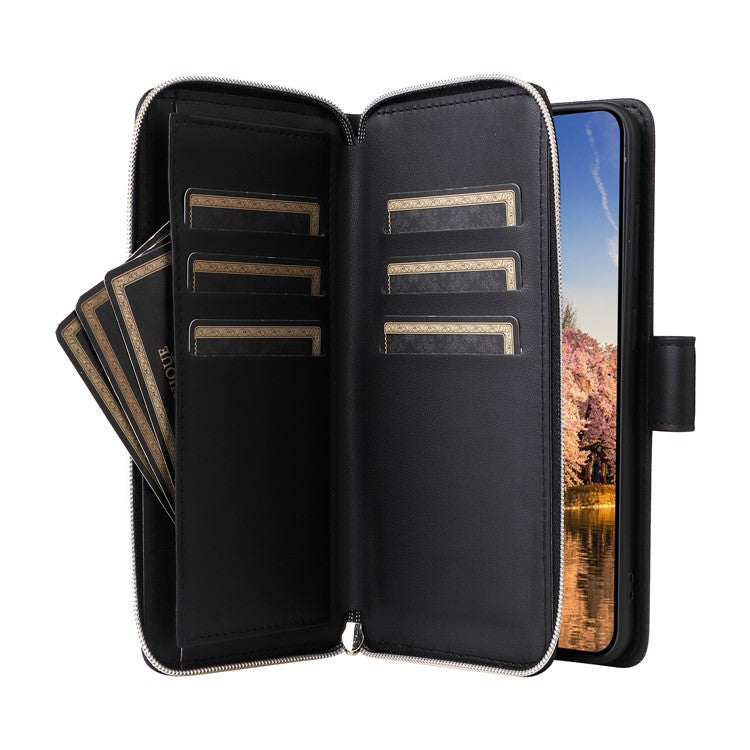 R20 For Samsung Galaxy A25 5G (Global) (161.0 X 76.5 X 8.3mm) Case Zipper Pocket Leather Cover - Black