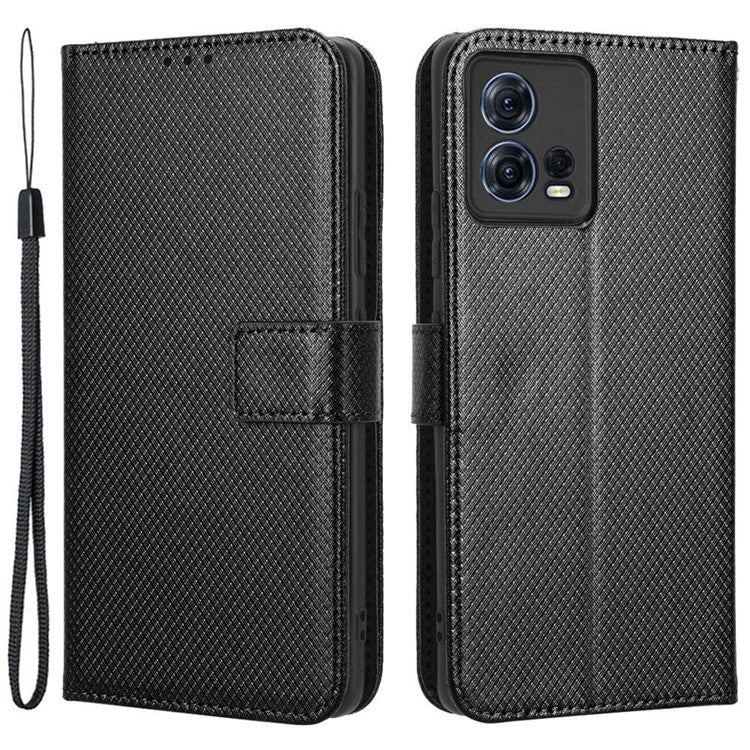 For Motorola Moto S30 Pro 5G / Edge 30 Fusion 5G Diamond Texture Phone Wallet Shockproof Shell PU Leather Stand Case with Wrist Strap - Black