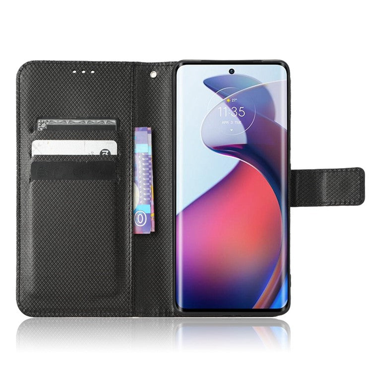For Motorola Moto S30 Pro 5G / Edge 30 Fusion 5G Diamond Texture Phone Wallet Shockproof Shell PU Leather Stand Case with Wrist Strap - Black