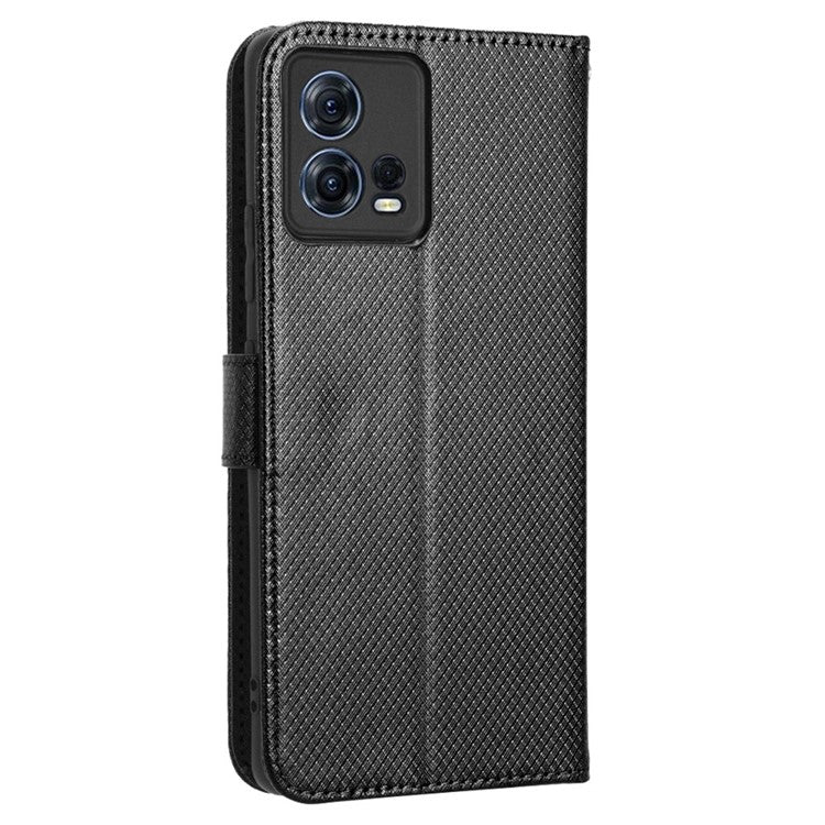 For Motorola Moto S30 Pro 5G / Edge 30 Fusion 5G Diamond Texture Phone Wallet Shockproof Shell PU Leather Stand Case with Wrist Strap - Black