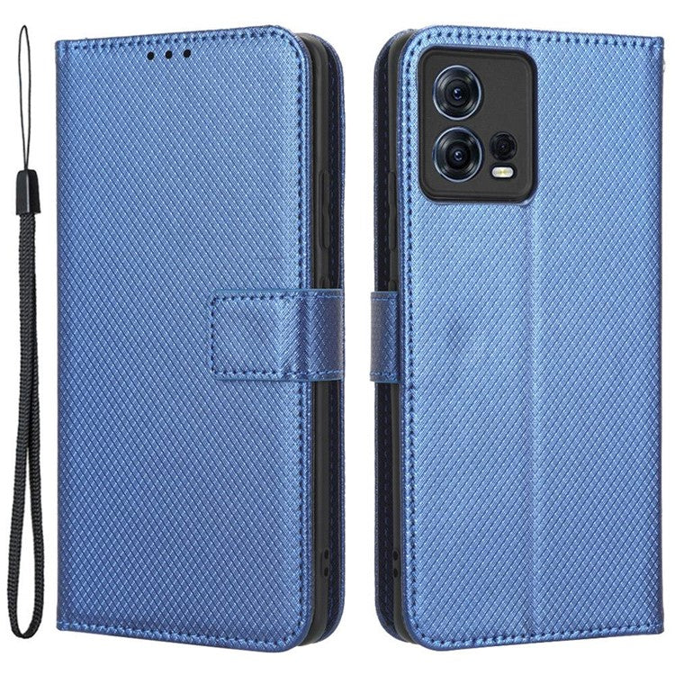 For Motorola Moto S30 Pro 5G / Edge 30 Fusion 5G Diamond Texture Phone Wallet Shockproof Shell PU Leather Stand Case with Wrist Strap - Blue