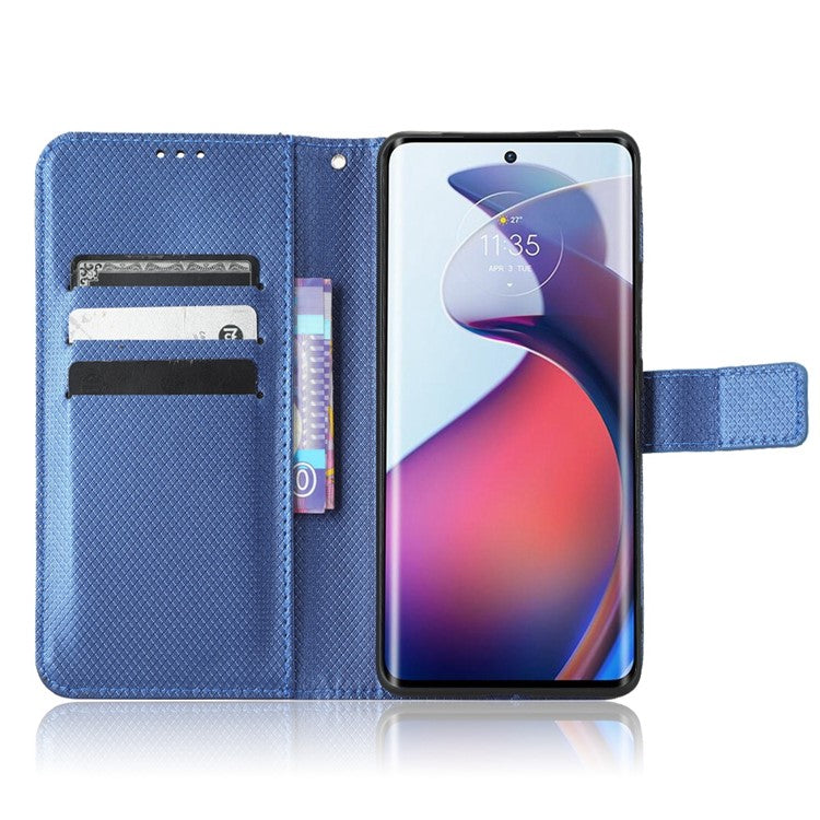 For Motorola Moto S30 Pro 5G / Edge 30 Fusion 5G Diamond Texture Phone Wallet Shockproof Shell PU Leather Stand Case with Wrist Strap - Blue