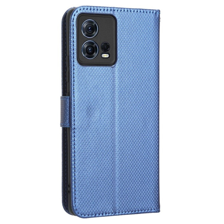 For Motorola Moto S30 Pro 5G / Edge 30 Fusion 5G Diamond Texture Phone Wallet Shockproof Shell PU Leather Stand Case with Wrist Strap - Blue