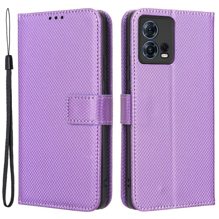 For Motorola Moto S30 Pro 5G / Edge 30 Fusion 5G Diamond Texture Phone Wallet Shockproof Shell PU Leather Stand Case with Wrist Strap - Purple