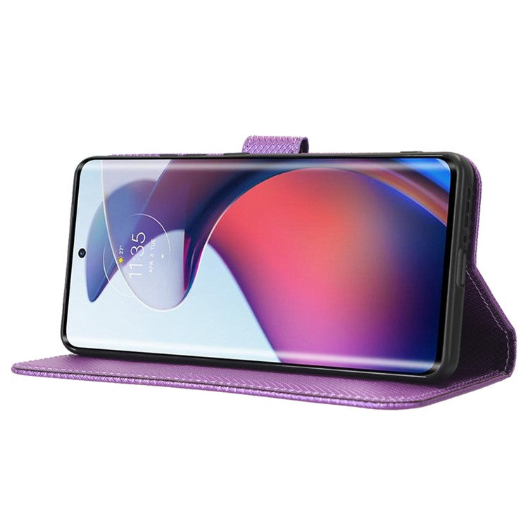 For Motorola Moto S30 Pro 5G / Edge 30 Fusion 5G Diamond Texture Phone Wallet Shockproof Shell PU Leather Stand Case with Wrist Strap - Purple