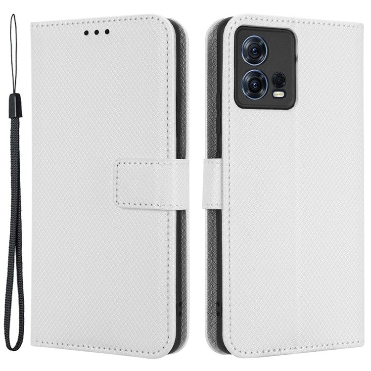 For Motorola Moto S30 Pro 5G / Edge 30 Fusion 5G Diamond Texture Phone Wallet Shockproof Shell PU Leather Stand Case with Wrist Strap - White