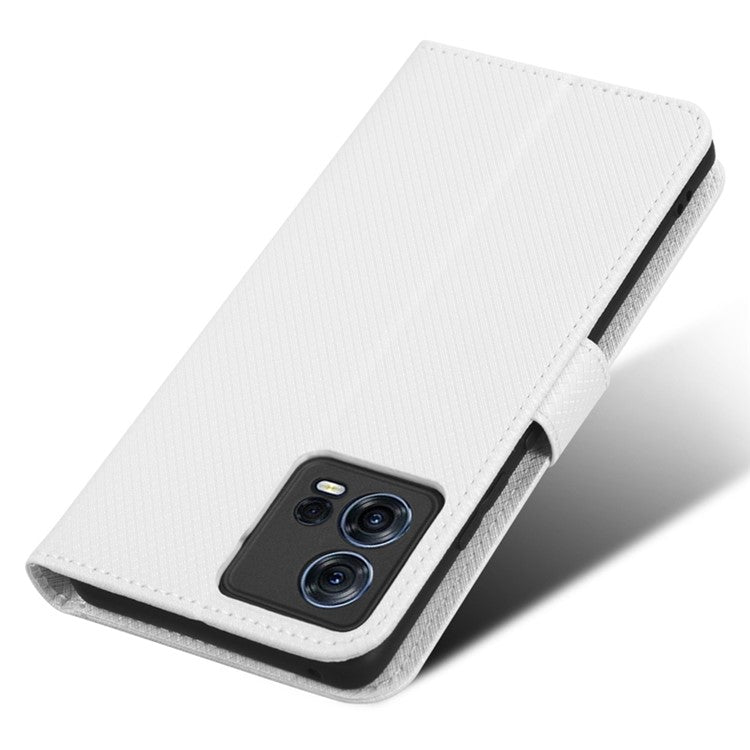 For Motorola Moto S30 Pro 5G / Edge 30 Fusion 5G Diamond Texture Phone Wallet Shockproof Shell PU Leather Stand Case with Wrist Strap - White