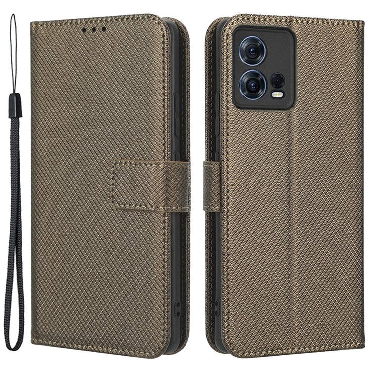For Motorola Moto S30 Pro 5G / Edge 30 Fusion 5G Diamond Texture Phone Wallet Shockproof Shell PU Leather Stand Case with Wrist Strap - Brown