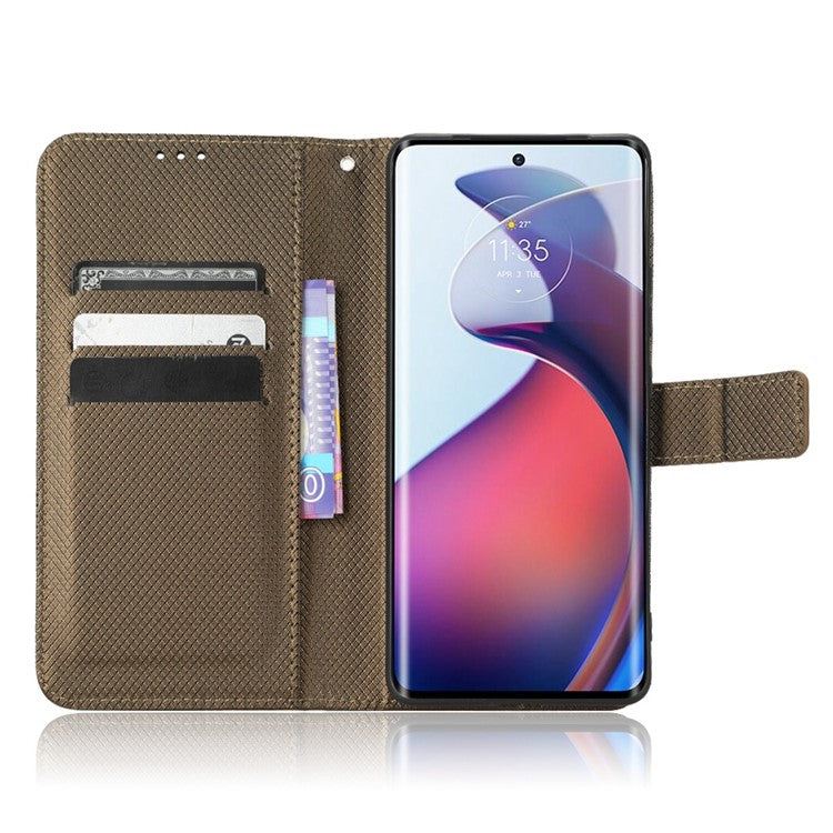 For Motorola Moto S30 Pro 5G / Edge 30 Fusion 5G Diamond Texture Phone Wallet Shockproof Shell PU Leather Stand Case with Wrist Strap - Brown