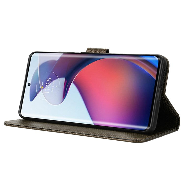 For Motorola Moto S30 Pro 5G / Edge 30 Fusion 5G Diamond Texture Phone Wallet Shockproof Shell PU Leather Stand Case with Wrist Strap - Brown