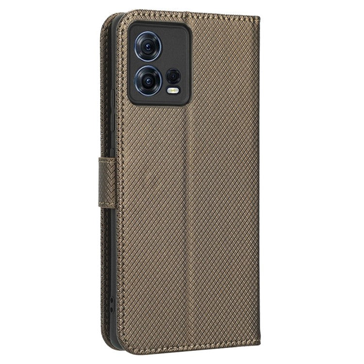 For Motorola Moto S30 Pro 5G / Edge 30 Fusion 5G Diamond Texture Phone Wallet Shockproof Shell PU Leather Stand Case with Wrist Strap - Brown