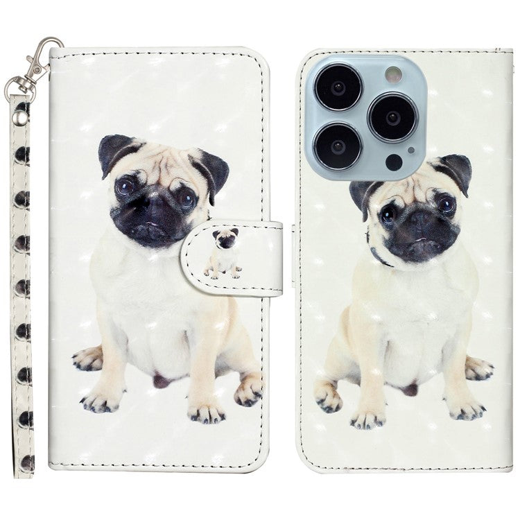 For iPhone 16 Pro Case Leather 3D Pattern Printed Phone Cover Stand Card Holder - Dog