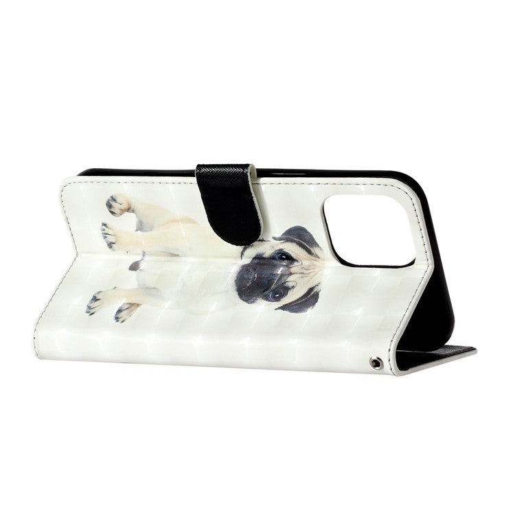 For iPhone 16 Pro Case Leather 3D Pattern Printed Phone Cover Stand Card Holder - Dog