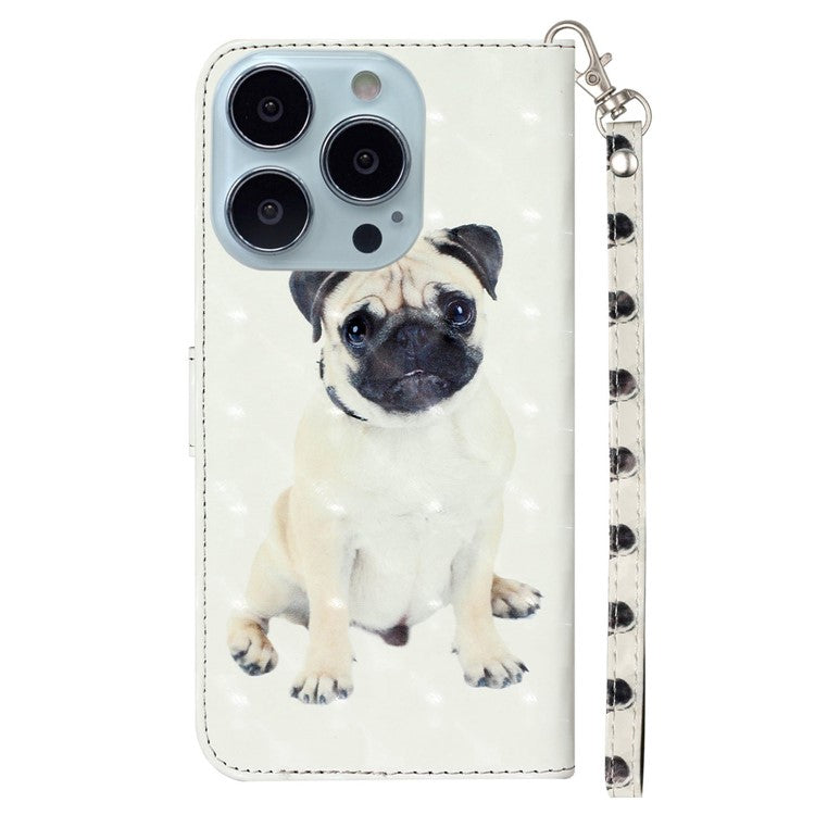 For iPhone 16 Pro Case Leather 3D Pattern Printed Phone Cover Stand Card Holder - Dog