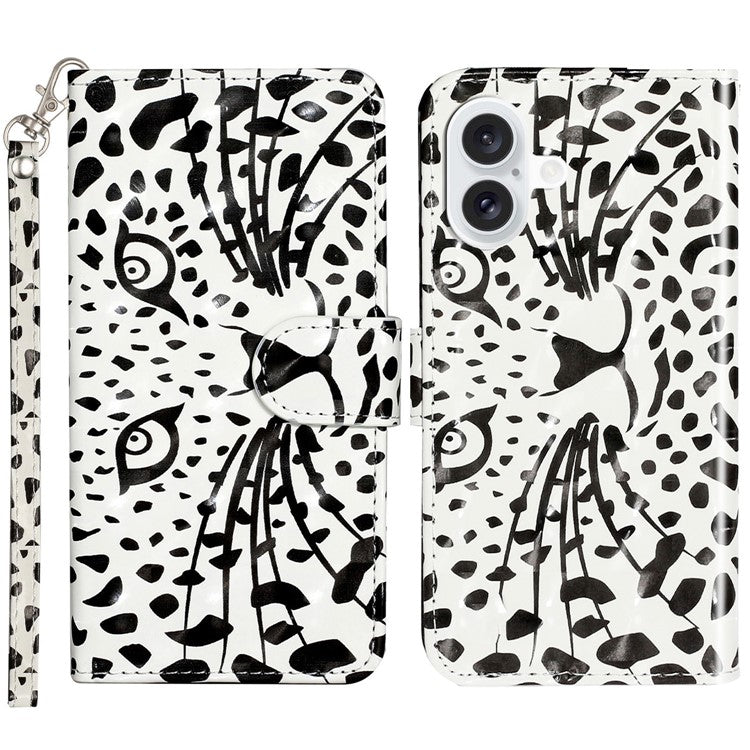 For iPhone 16 Plus Case 3D Pattern Printed Leather Wallet Phone Cover Stand Bookstyle - Leopard Head