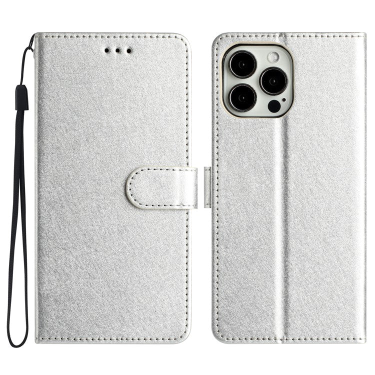 For iPhone 16 Pro Case Silk Texture Leather Wallet Phone Cover Magnetic Clasp Protective - Silver