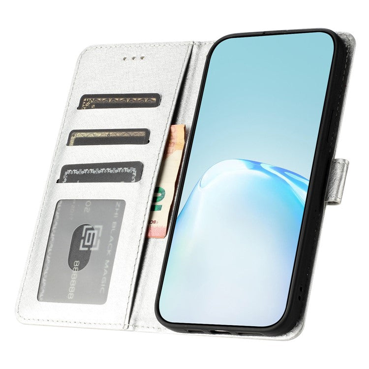 For iPhone 16 Pro Case Silk Texture Leather Wallet Phone Cover Magnetic Clasp Protective - Silver