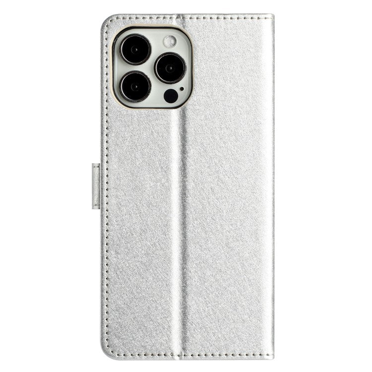 For iPhone 16 Pro Case Silk Texture Leather Wallet Phone Cover Magnetic Clasp Protective - Silver